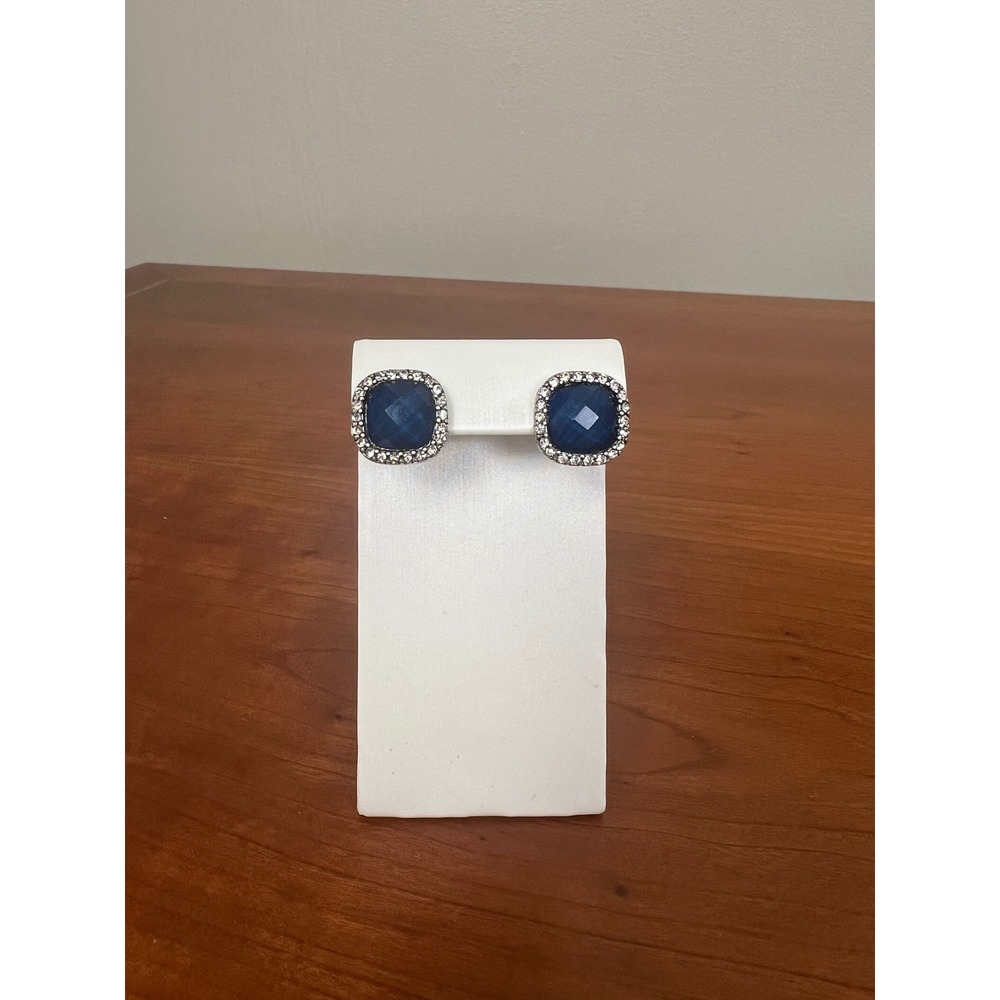 Silver Tone Navy Blue Cushion Cut Halo Stud Earrings with Crystal Accents